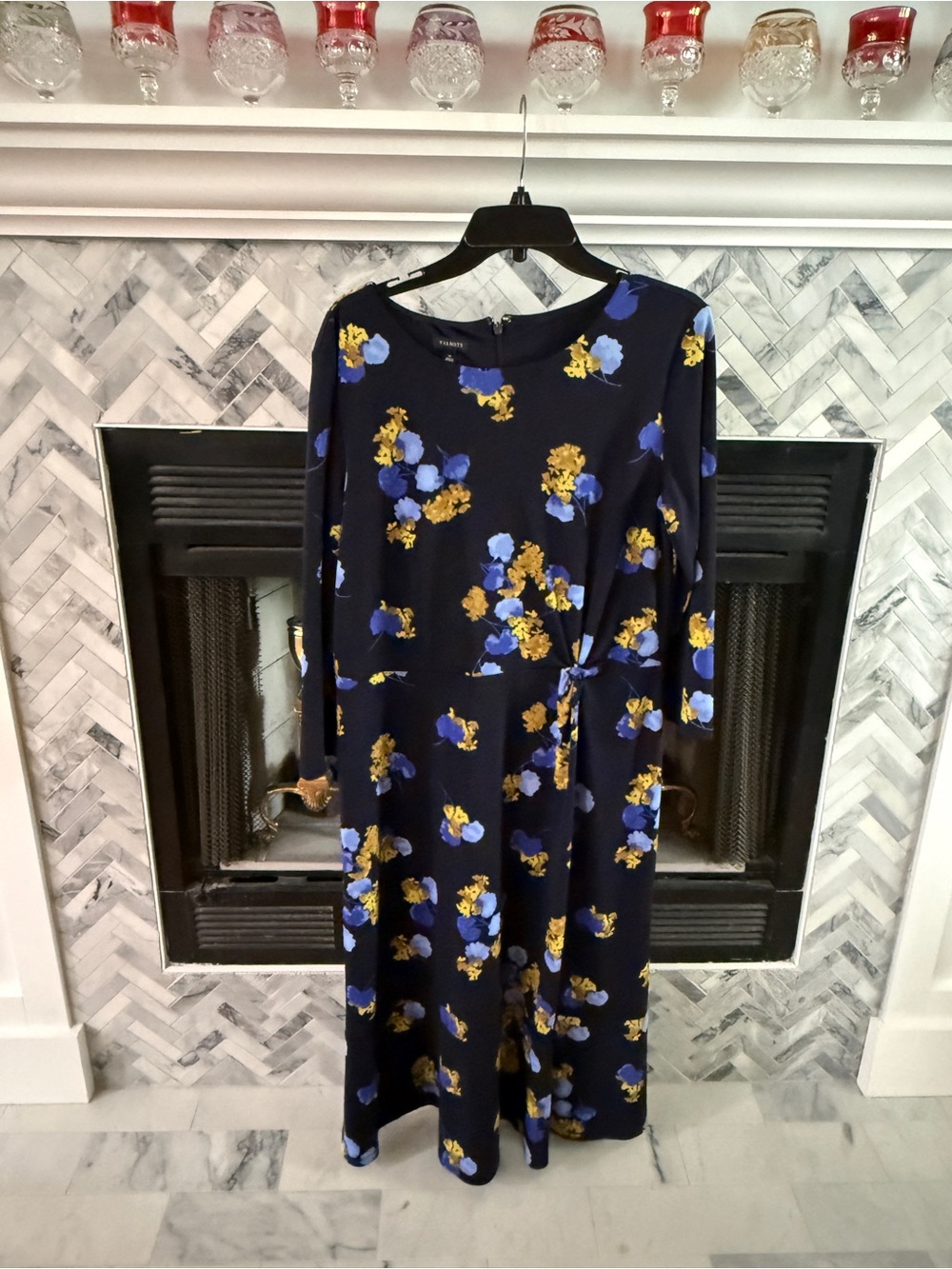 Talbots Navy Midi Dress with Blue and Gold Floral Print